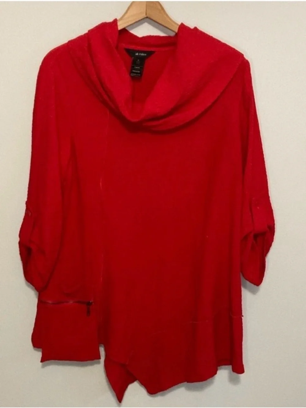 Ali Miles Relaxed Cherry Red Cowl-Neck Tunic Top, Pocket Detail Size Medium